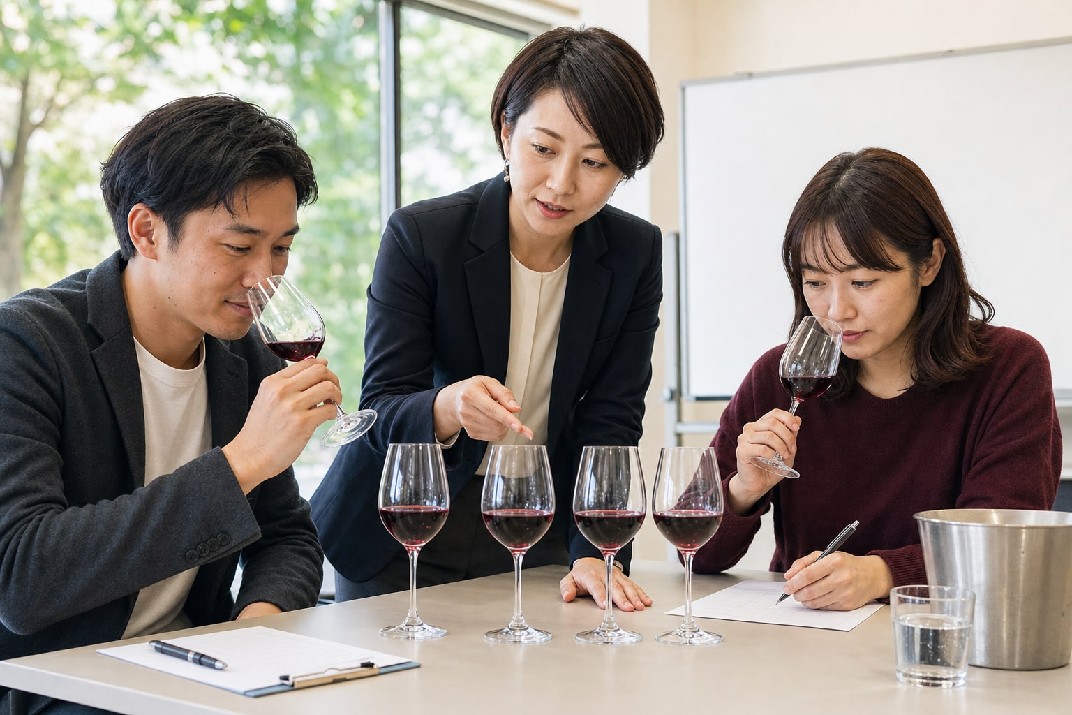 講師と受講者が複数の実物ワインを同じ条件で比較する少人数テイスティング