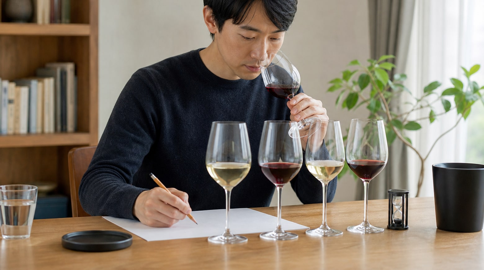 自宅で複数の白ワインと赤ワインを比較し、時間を測りながら二次試験のテイスティングを練習する受験者