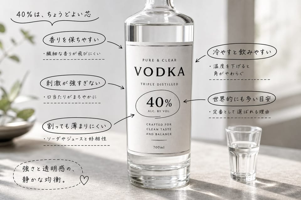 ウォッカに40度前後が多い理由を、度数表示のあるボトルとグラスで示す雑誌風手書き注釈画像