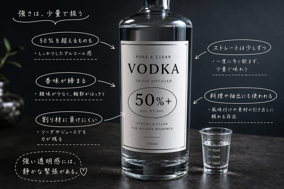 高アルコールのウォッカの特徴を、高い度数表示のボトルで示す雑誌風手書き注釈画像