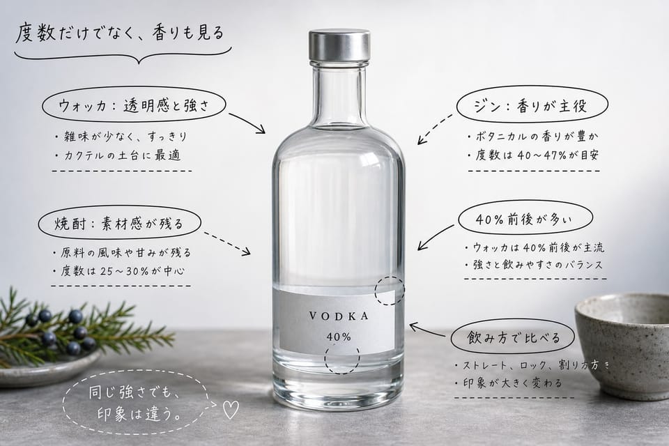 ウォッカの度数をジンや焼酎と比べる考え方を、一本のボトルと小さな比較要素で示す雑誌風手書き注釈画像