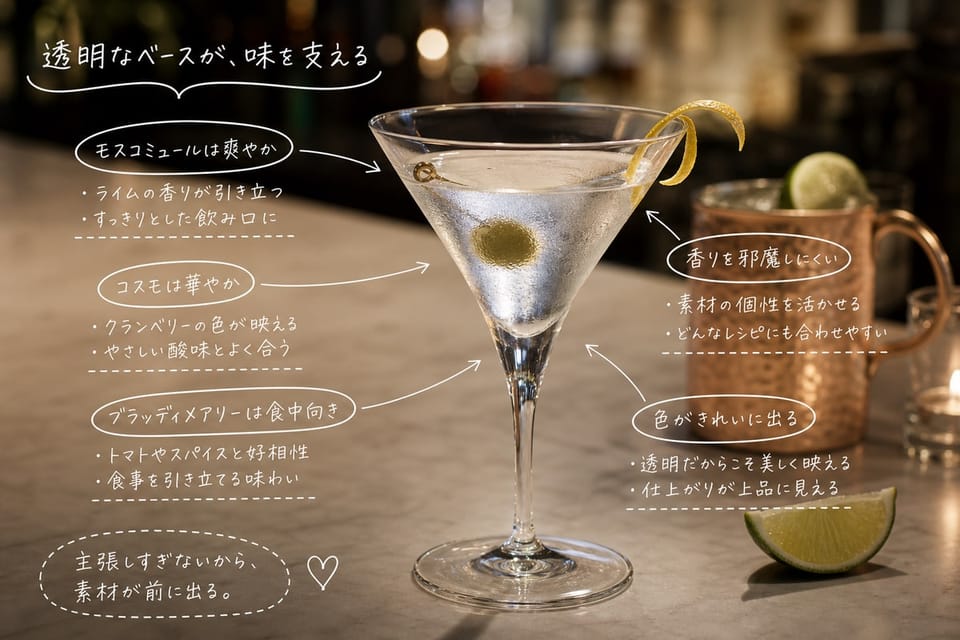 定番のウォッカカクテルを、透明なウォッカベースの一杯で示す雑誌風手書き注釈画像