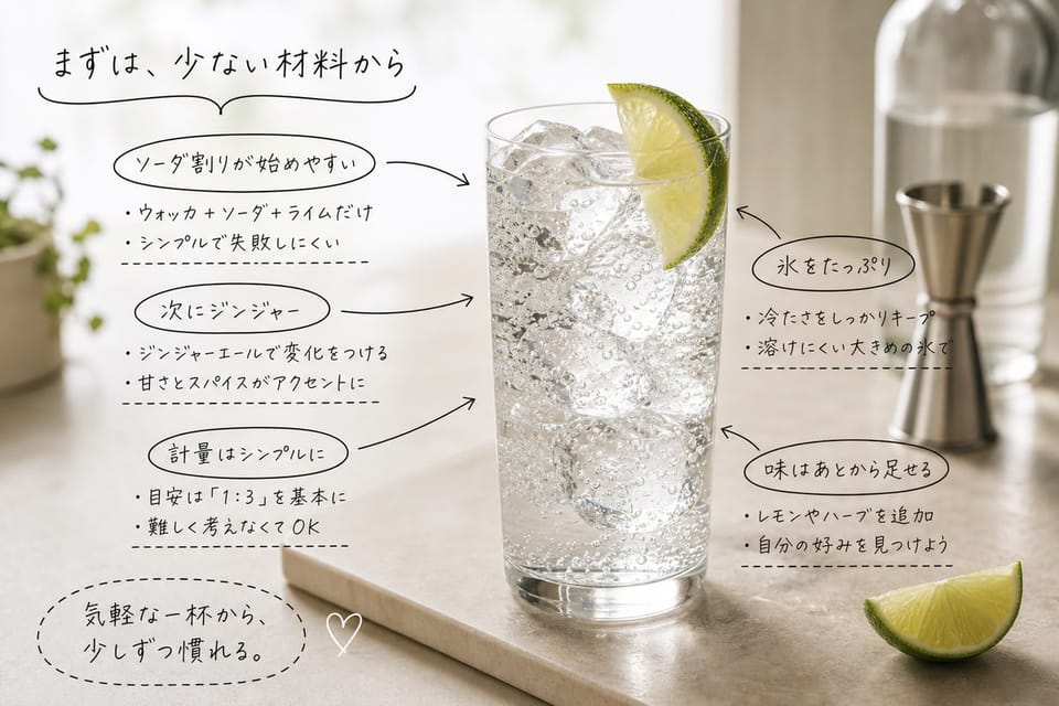 家で作りやすいウォッカカクテルの順番を、ハイボールグラスと材料で示す雑誌風手書き注釈画像