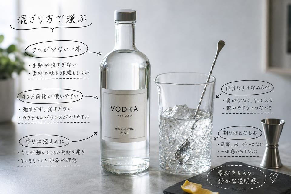 カクテルに向くウォッカの選び方を、一本のボトルとミキシンググラスで示す雑誌風手書き注釈画像