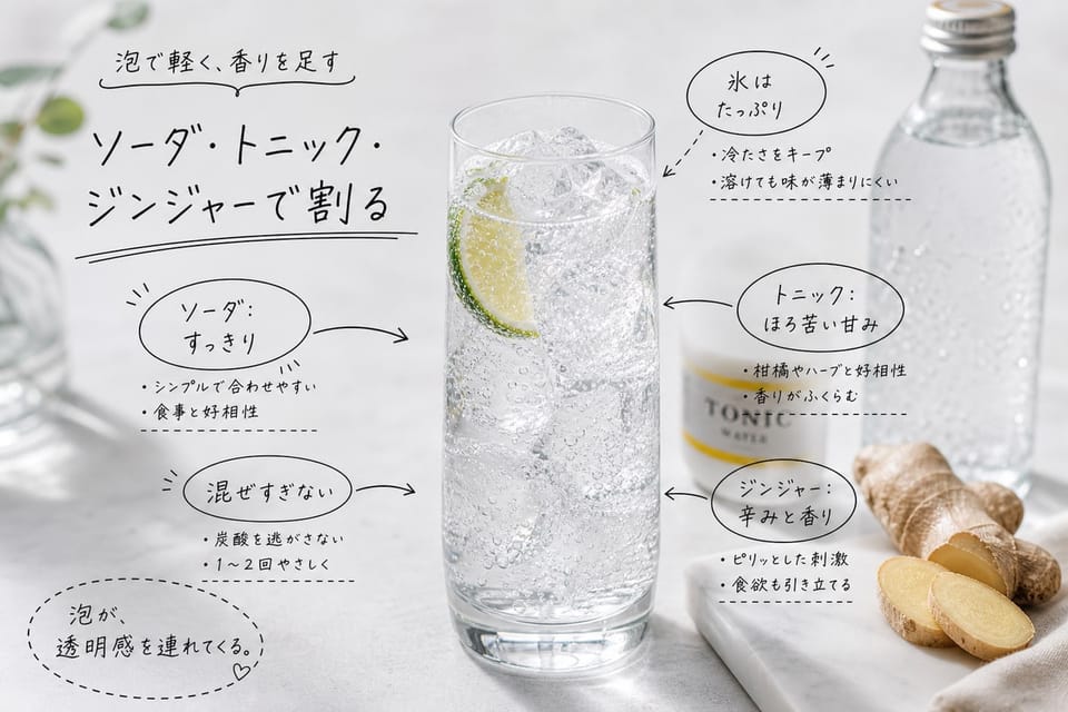 ウォッカをソーダ、トニック、ジンジャーで割る考え方を、泡立つグラスで示す雑誌風手書き注釈画像