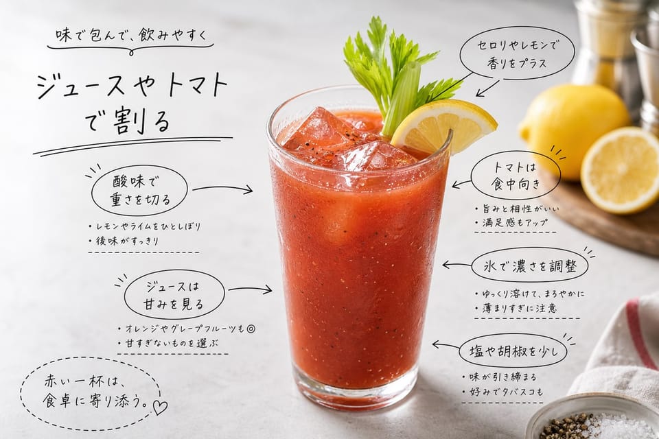 ウォッカをジュースやトマトで割る飲み方を、赤いミックスグラスで示す雑誌風手書き注釈画像