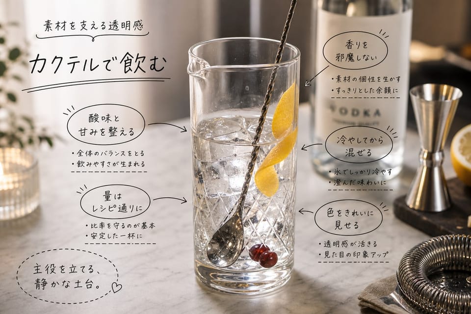 ウォッカをカクテルで飲む要点を、ミキシンググラスとボトルで示す雑誌風手書き注釈画像