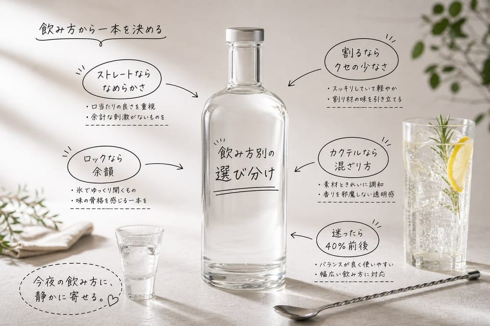 ウォッカを飲み方別に選び分ける考え方を、一本のボトルと飲み方の手がかりで示す雑誌風手書き注釈画像