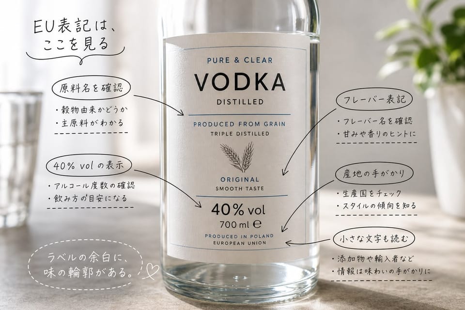 EUのウォッカラベルで見るべき点を、原料表示と度数のあるボトルラベルで示す雑誌風手書き注釈画像