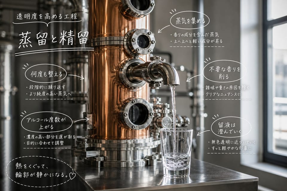 ウォッカの蒸留と精留を、銅色の蒸留器と透明な留液で示す雑誌風手書き注釈画像