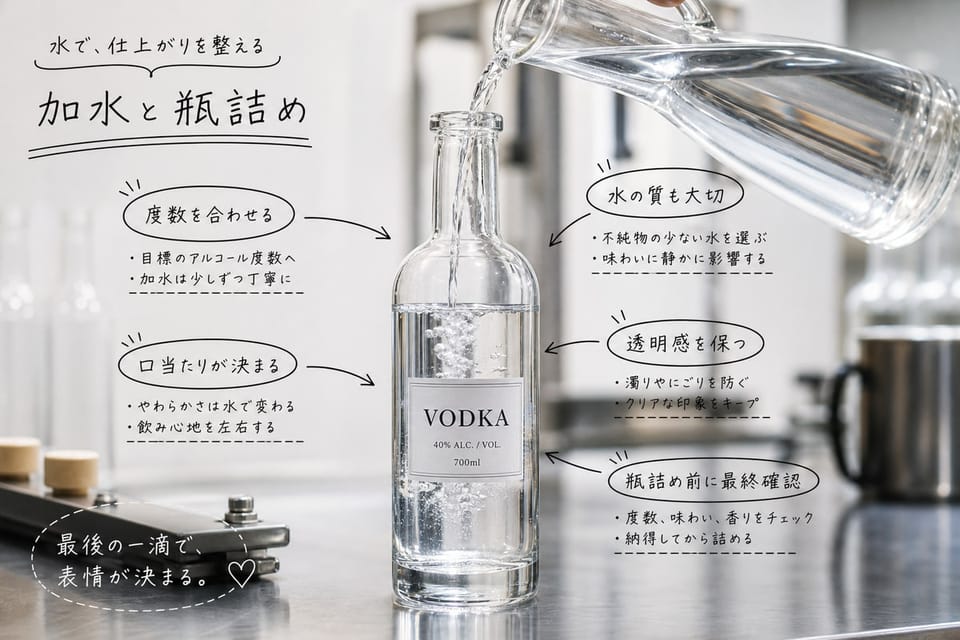 ウォッカの加水と瓶詰めを、透明な水差しとボトルで示す雑誌風手書き注釈画像