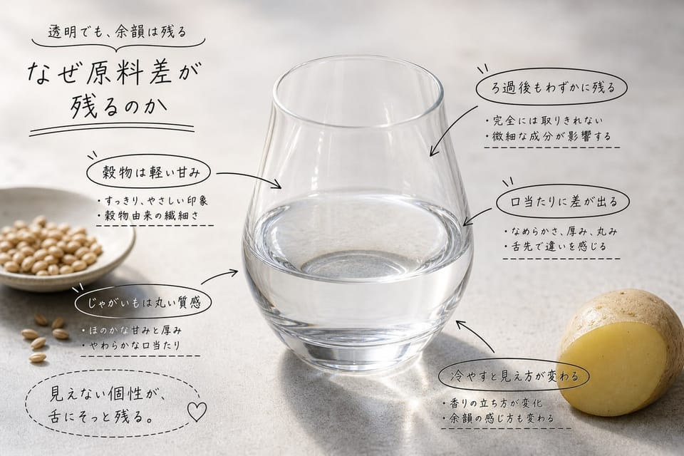 ウォッカに原料差が残る理由を、穀物とじゃがいもと透明なグラスで示す雑誌風手書き注釈画像