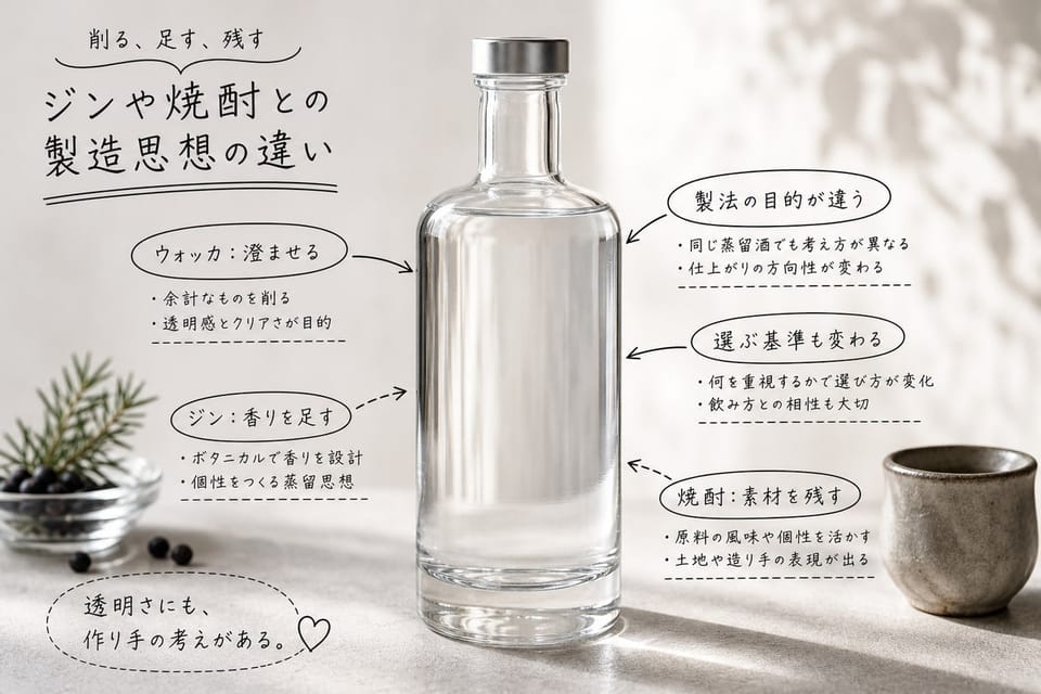 ウォッカ、ジン、焼酎の製造思想の違いを、透明なボトルと香味素材で示す雑誌風手書き注釈画像