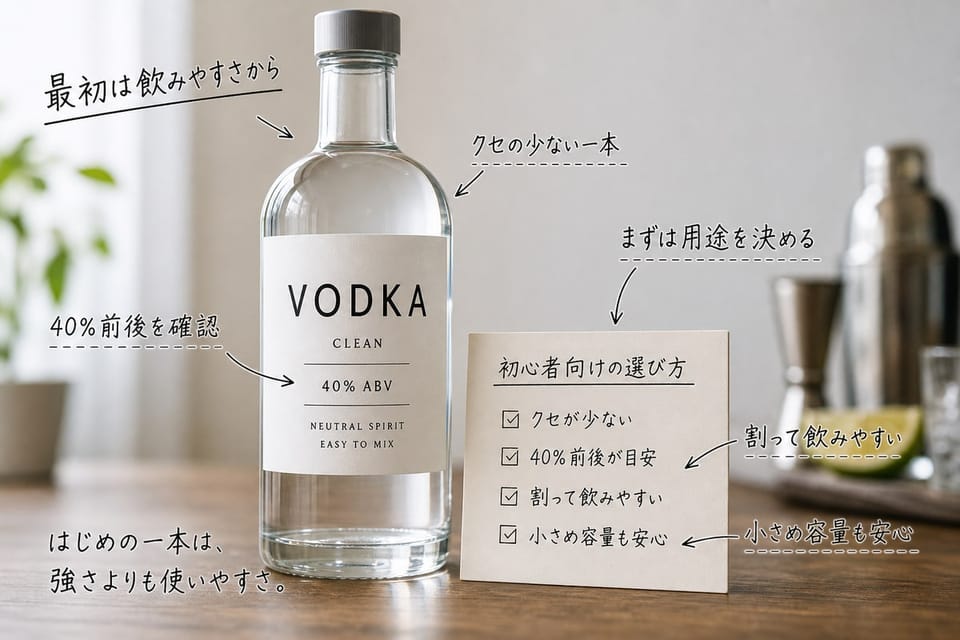 初心者向けのウォッカの選び方を、汎用ボトルと選び方メモで示す雑誌風手書き注釈画像