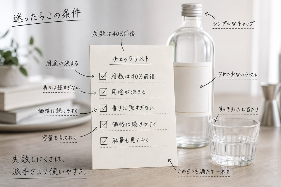 失敗しにくいウォッカ一本の条件を、チェックメモとボトルで示す雑誌風手書き注釈画像
