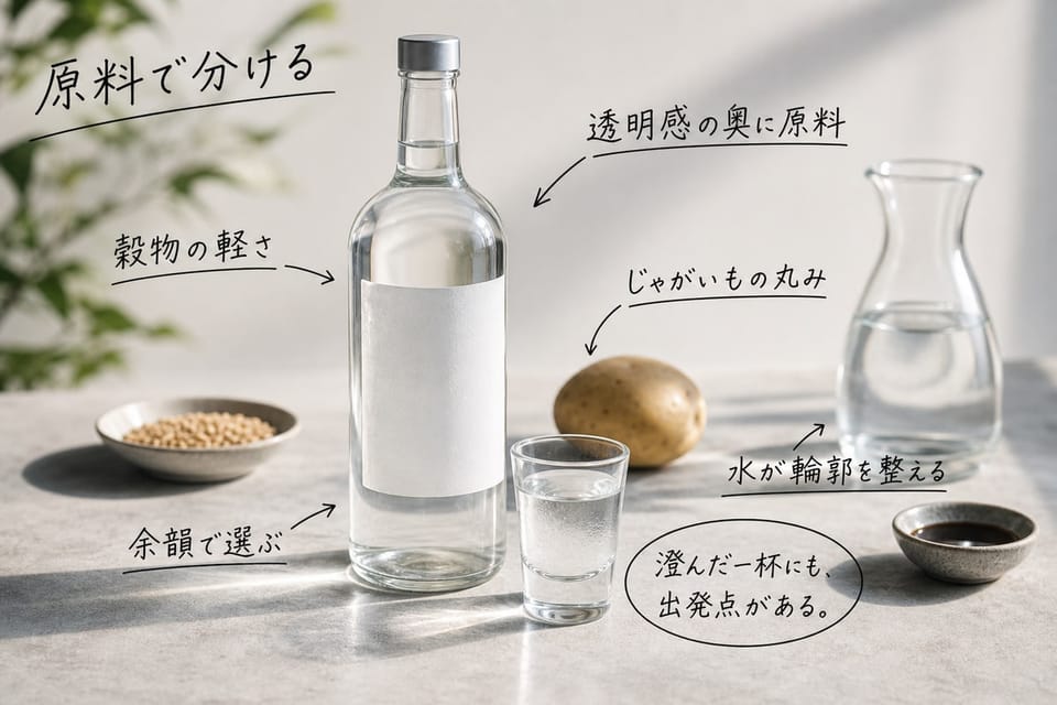 ウォッカを原料で分ける考え方を、穀物、じゃがいも、糖蜜、水で示す雑誌風手書き注釈画像