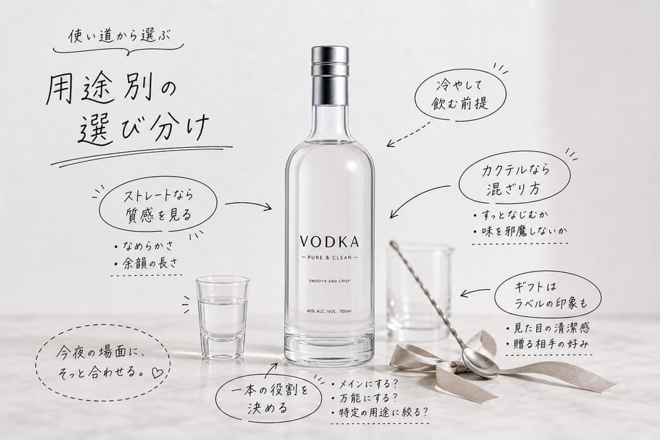 ウォッカを用途別に選び分ける考え方を、ストレート、カクテル、ギフトで示す雑誌風手書き注釈画像