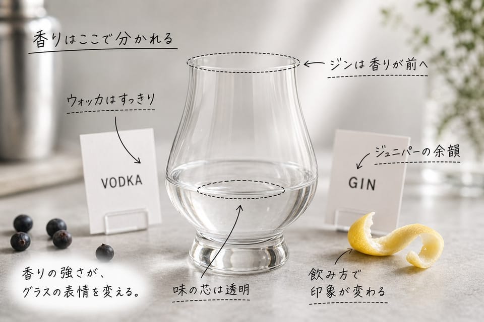 ウォッカとジンの香りと味の違いを、テイスティンググラスと手書き注釈で示す雑誌風画像