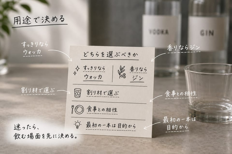 ウォッカとジンのどちらを選ぶべきかを、用途メモとグラスで示す雑誌風手書き注釈画像