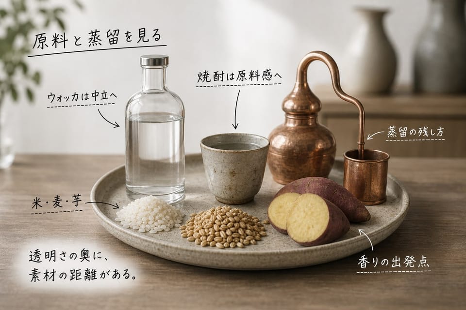 ウォッカと焼酎の原料と蒸留の違いを、米や麦や芋のトレイと手書き注釈で示す雑誌風画像