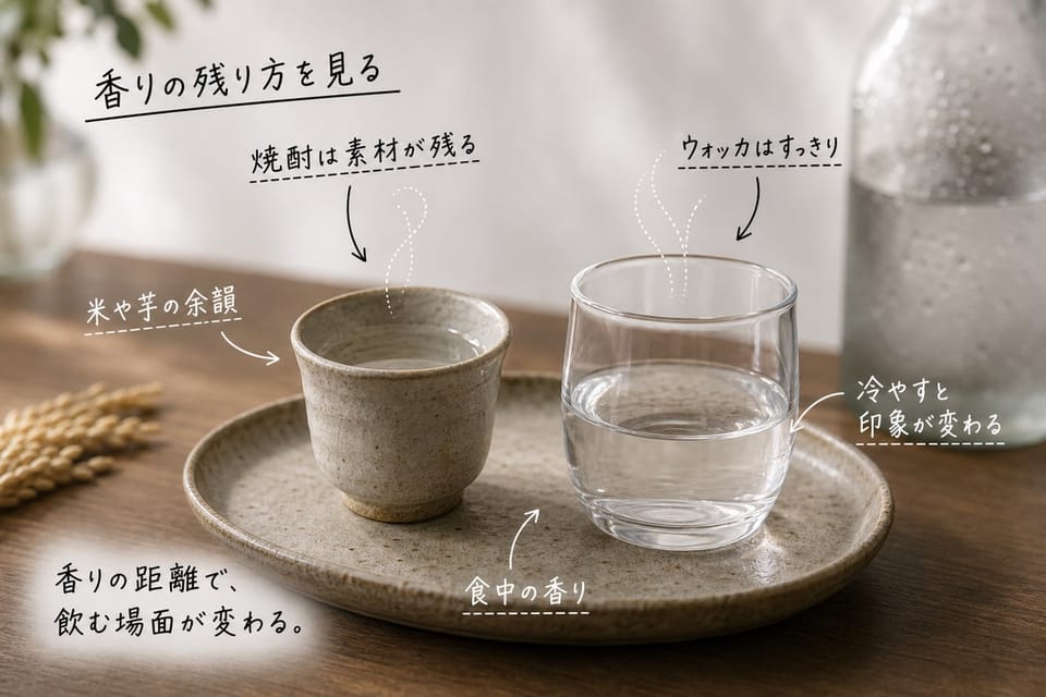 ウォッカと焼酎の香りと味の違いを、焼酎カップとテイスティンググラスの盆で示す雑誌風手書き注釈画像