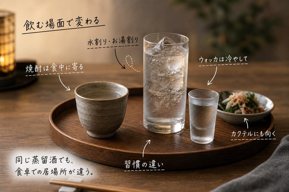 ウォッカと焼酎の飲み方の文化の違いを、食卓の盆とグラスで示す雑誌風手書き注釈画像