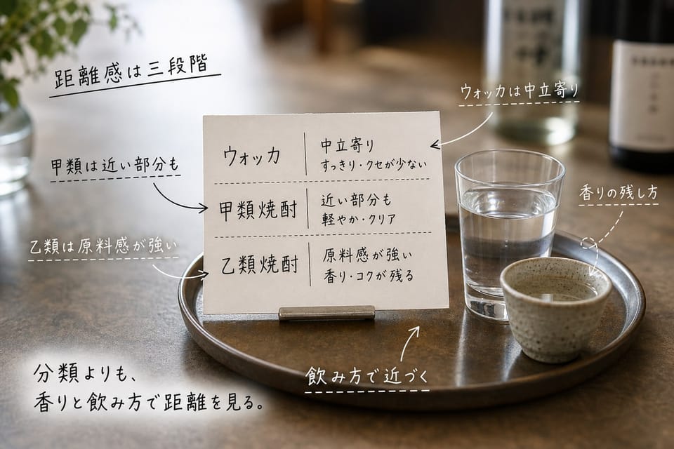 甲類焼酎・乙類焼酎とウォッカの距離感を、三段階のメモとグラスで示す雑誌風手書き注釈画像