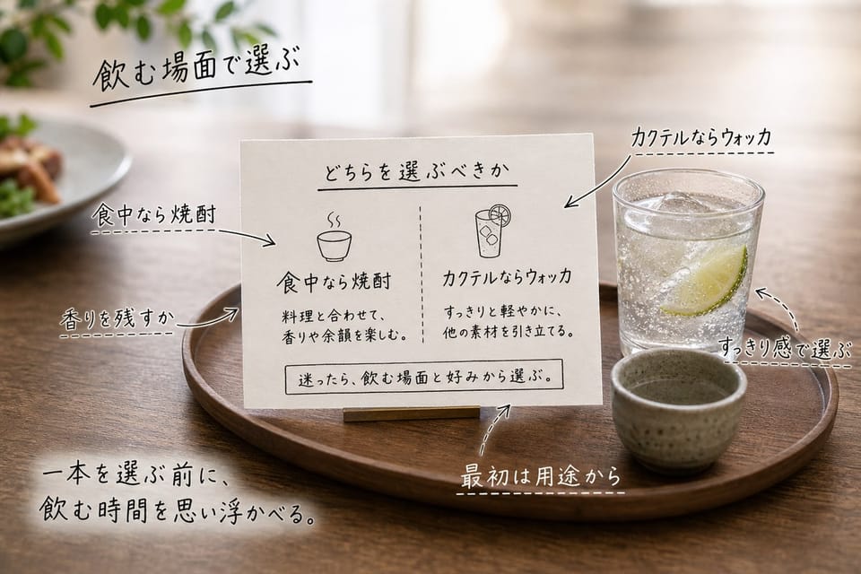 ウォッカと焼酎のどちらを選ぶべきかを、用途メモとグラスと焼酎カップで示す雑誌風手書き注釈画像