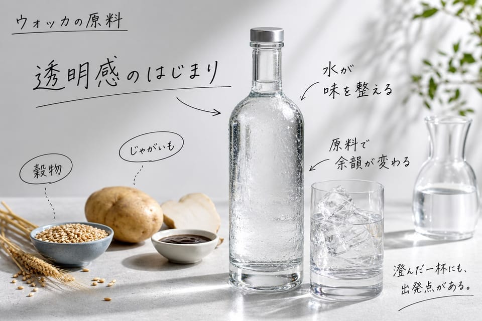 ウォッカの原料を、穀物、じゃがいも、糖蜜、水で説明する手書き風図解