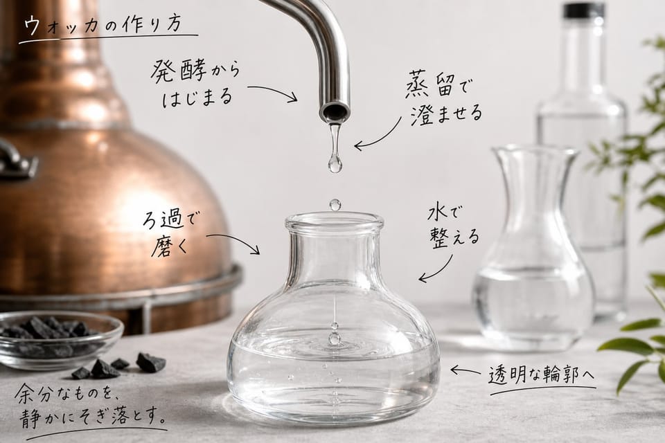 ウォッカの作り方を、発酵、蒸留、ろ過、加水、瓶詰めで説明する手書き風図解