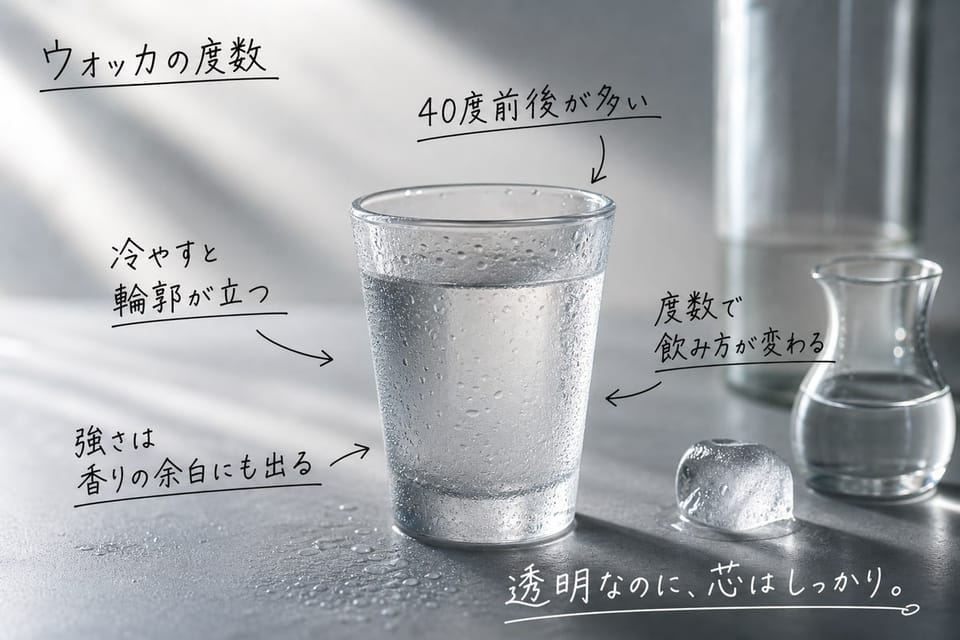 ウォッカの度数を、40度前後、アルコール感、飲み方で説明する手書き風図解