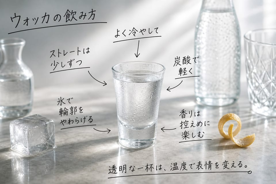 ウォッカの飲み方を、冷やす、ストレート、ロック、割り材で説明する手書き風図解