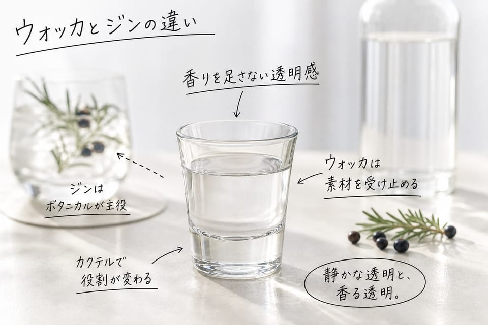 ウォッカとジンの違いを、香り、ボタニカル、原料、カクテルで比較する手書き風図解