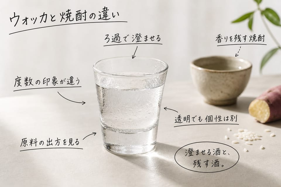 ウォッカと焼酎の違いを、原料、蒸留、ろ過、度数、香味で比較する手書き風図解