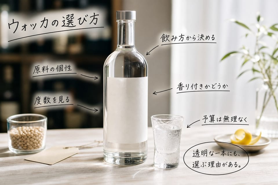ウォッカの選び方を、飲み方、原料、度数、フレーバー、予算で整理する手書き風図解