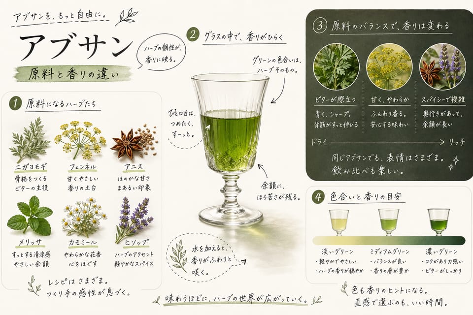 アブサンとパスティスの違い|原料・甘さ・度数・飲み方を比較:原料と香りの違い