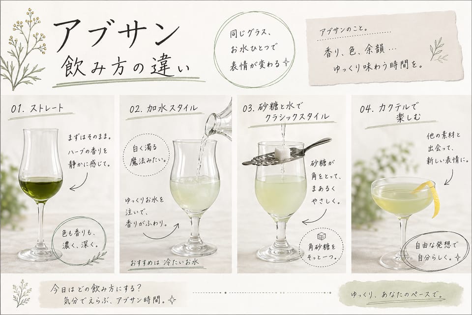 アブサンとパスティスの違い|原料・甘さ・度数・飲み方を比較:飲み方の違い