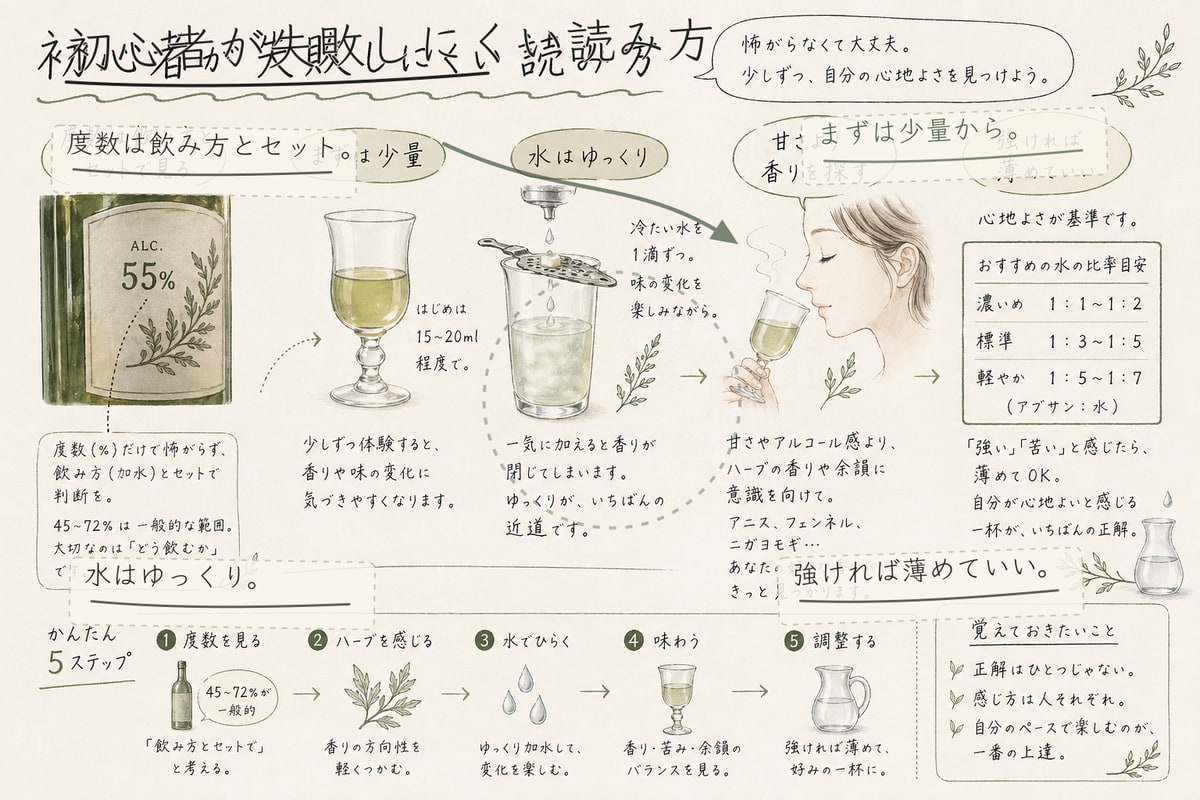 初心者向けにアブサンの度数と味の読み方を説明する手書き注釈入りインフォグラフィック