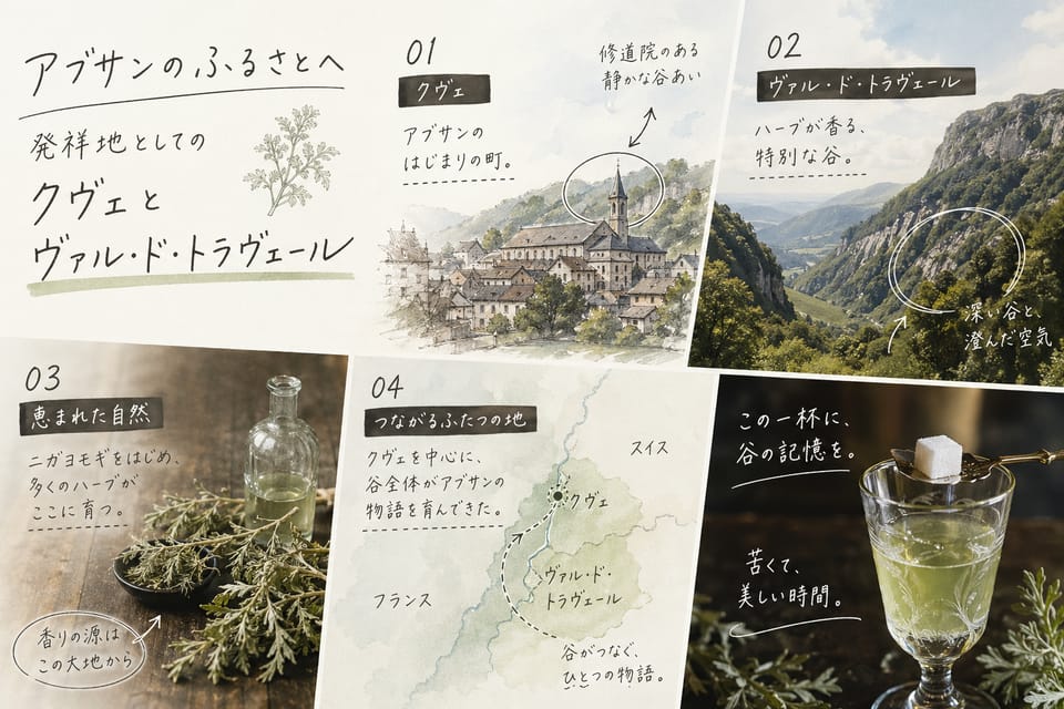 アブサンの歴史｜誕生・禁止・地下蒸留・復活まで：発祥地としてのクヴェとヴァル・ド・トラヴェール
