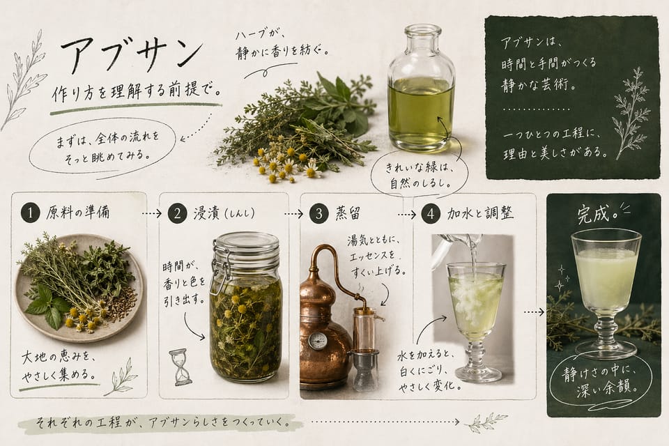 アブサンの作り方｜蒸留・色づけ・白濁の仕組みを高水準で解説：作り方を理解する前提