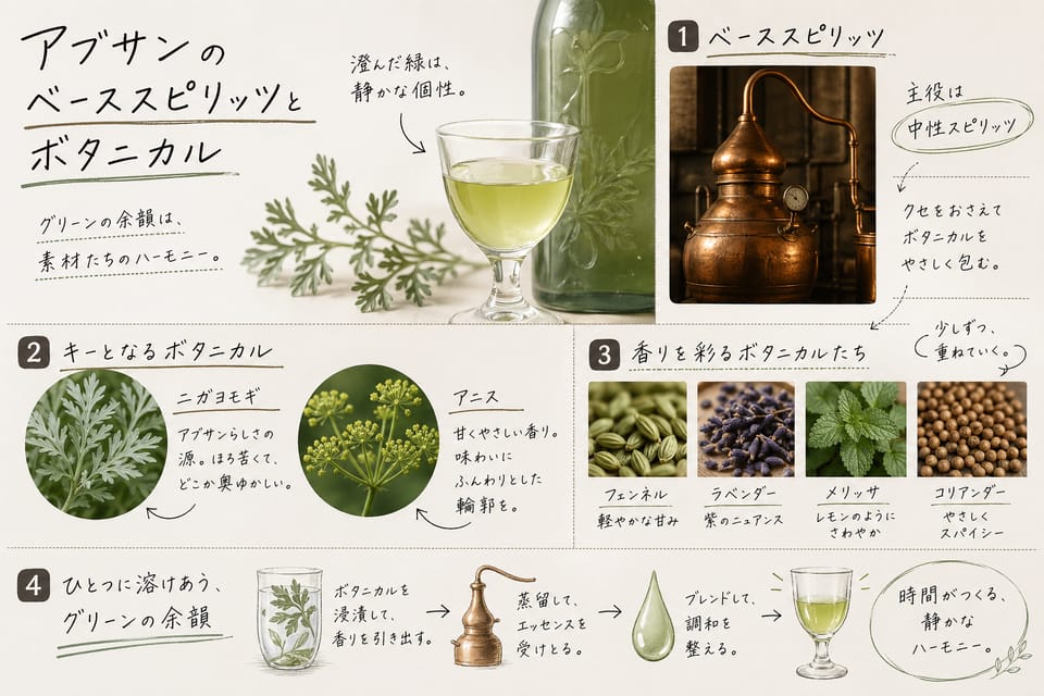 アブサンの作り方｜蒸留・色づけ・白濁の仕組みを高水準で解説：ベーススピリッツとボタニカル