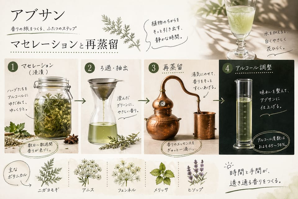 アブサンの作り方｜蒸留・色づけ・白濁の仕組みを高水準で解説：マセレーションと再蒸留