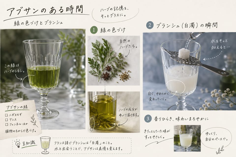 アブサンの作り方｜蒸留・色づけ・白濁の仕組みを高水準で解説：緑の色づけとブランシュ