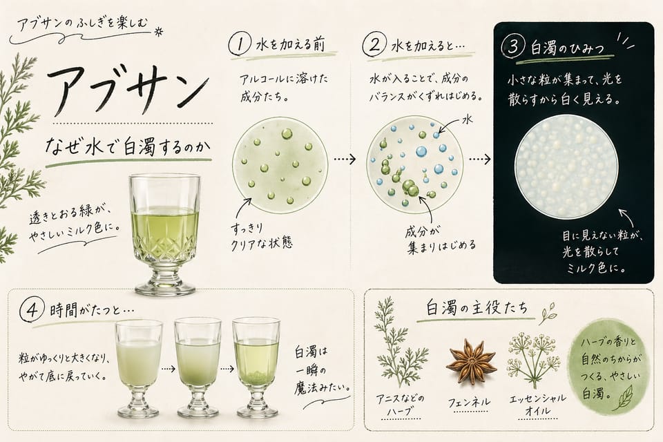アブサンの作り方｜蒸留・色づけ・白濁の仕組みを高水準で解説：なぜ水で白濁するのか