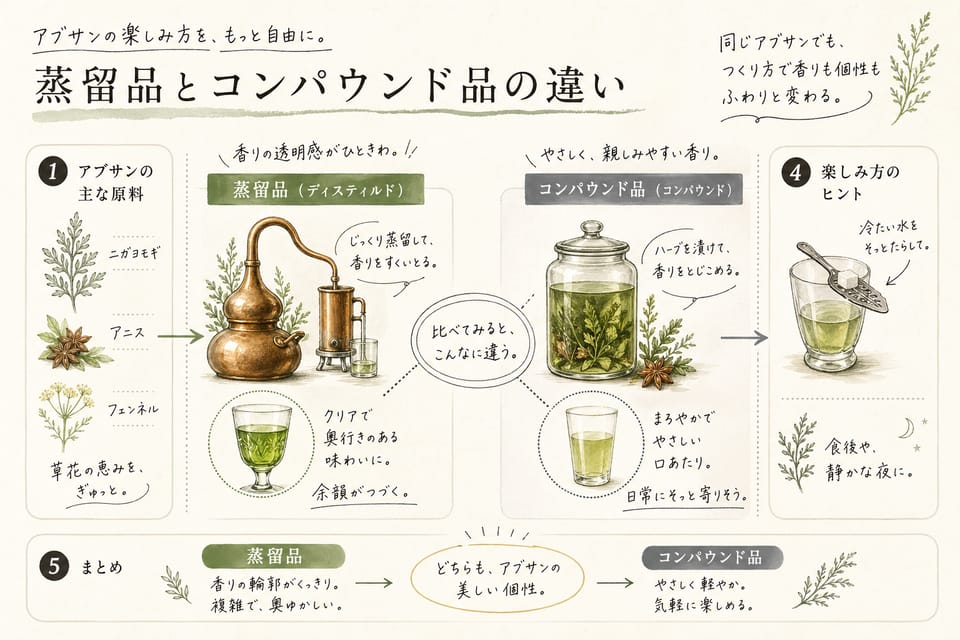 アブサンの作り方｜蒸留・色づけ・白濁の仕組みを高水準で解説：蒸留品とコンパウンド品の違い