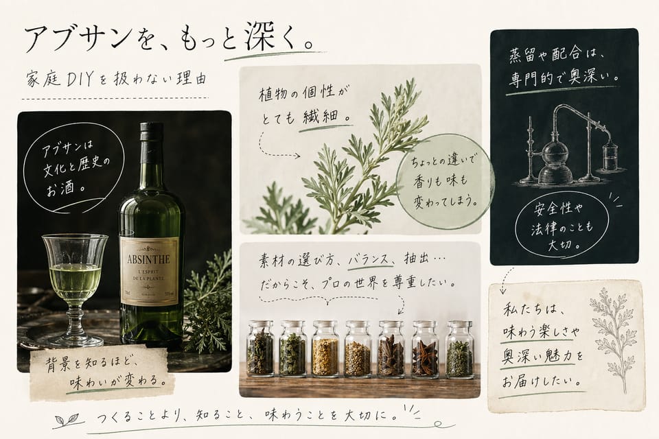 アブサンの作り方｜蒸留・色づけ・白濁の仕組みを高水準で解説：家庭DIYを扱わない理由