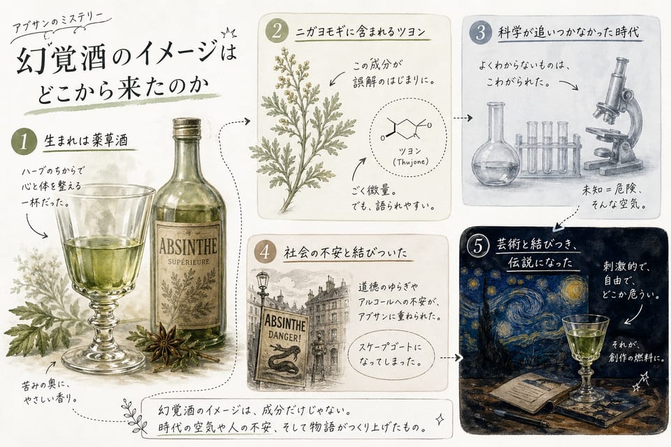 アブサンは幻覚を起こす？禁止の歴史と現在の合法性：幻覚酒のイメージはどこから来たのか