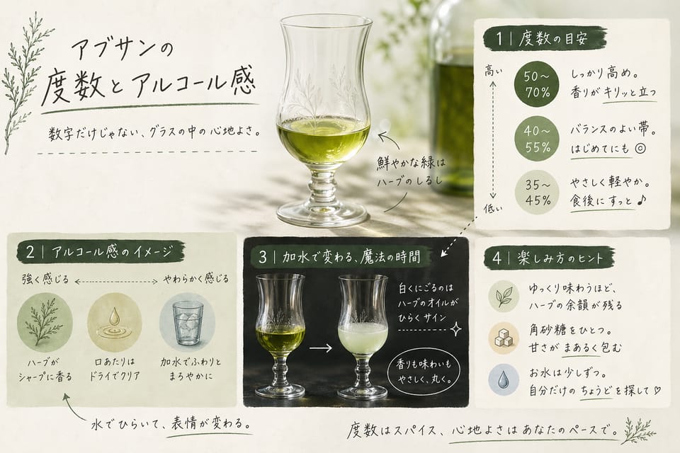 アブサンとは？味・度数・飲み方・幻覚の誤解まで解説：度数とアルコール感