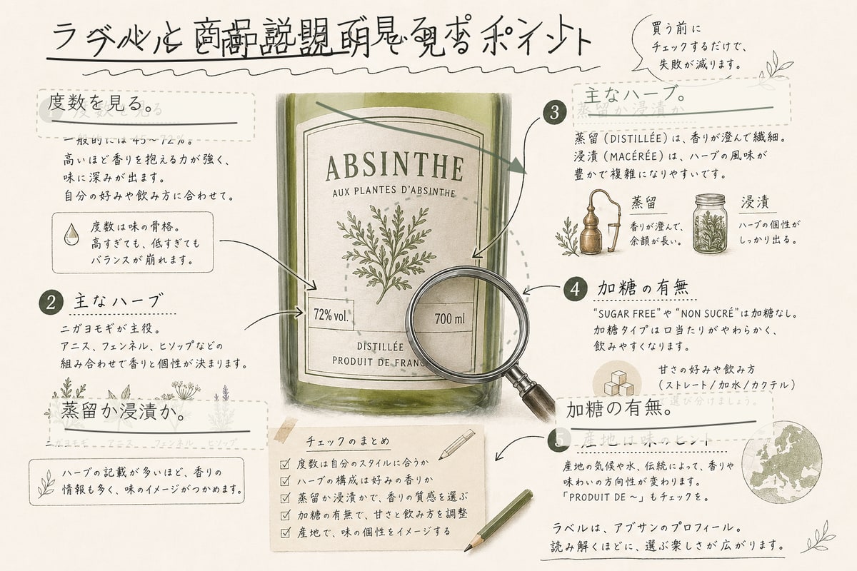 アブサンのラベルと商品説明で見るポイントを説明する手書き注釈入りインフォグラフィック