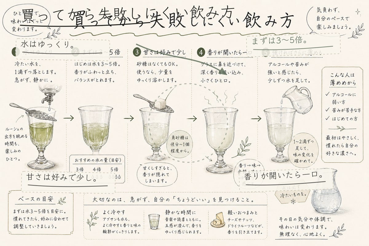 買った後に失敗しにくいアブサンの飲み方を説明する手書き注釈入りインフォグラフィック